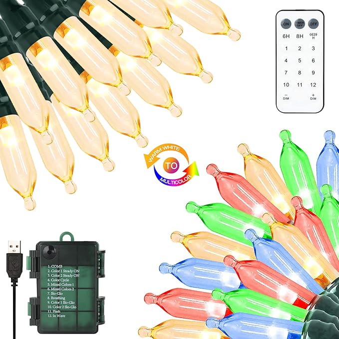 Tcamp Battery Operated Christmas Tree Lights with Remote Memory Timer Function, 33ft 100LED USB Christmas Lights 12 Lighting Modes for Christmas Outdoor Indoor Decor (Warm White to Multicolor)