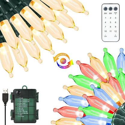 Tcamp Battery Operated Christmas Tree Lights with Remote Memory Timer Function, 33ft 100LED USB Christmas Lights 12 Lighting Modes for Christmas Outdoor Indoor Decor (Warm White to Multicolor)