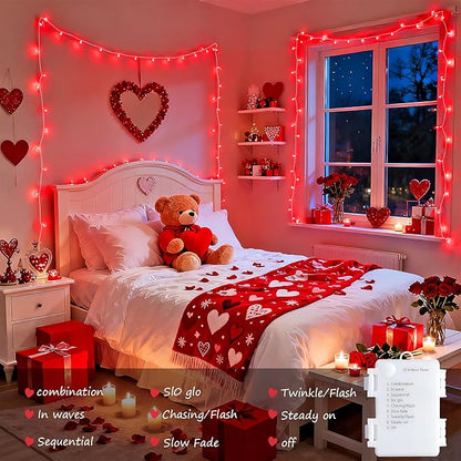 JMEXSUSS 4 Pack 50 LED Red Christmas Lights Battery Operated, Each 16.5ft Red String Lights with Timer, 8 Modes Valentine’s Lights Outdoor Waterproof for Wedding Anniversary Valentine’s Day Decor
