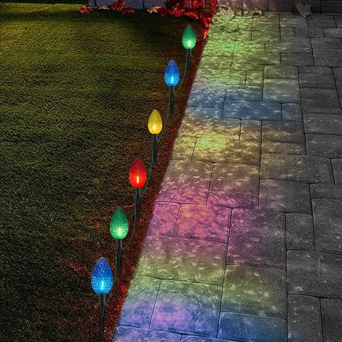 Jumbo C9 Christmas Pathway Lights Outdoor, 2 Pack Total 14Ft 8 LED C9 Giant Multicolor Christmas Walkway Lights, Connectable Outdoor Xmas Decorations Stakes Lights for Lawn Yard Garden Holiday