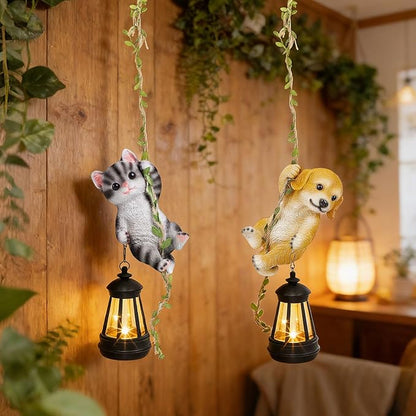 Set of 2 Solar Hanging Statue, Outdoor Resin Black White Cat & Golden Retriever Dog Figurine with LED Lights, Animal Ornament for Garden, Fence, Porch, Patio, Yard Decor