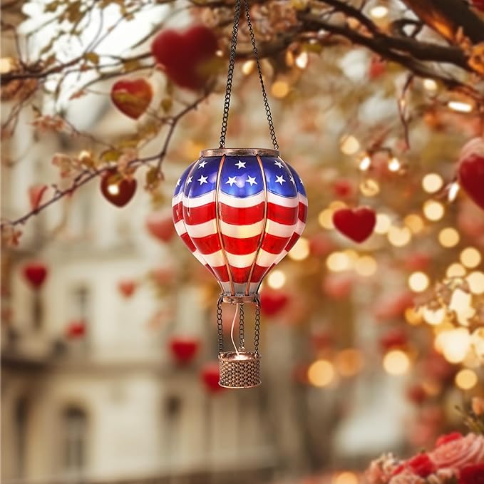 TERESA'S COLLECTIONS Hot Air Balloon Solar Lantern for Patriotic Garden Decor, 4th of July Hanging Flickering Flame Outdoor Lights for Trees, Blue&Red Memorial Day Decorations for Party Gift for Mom