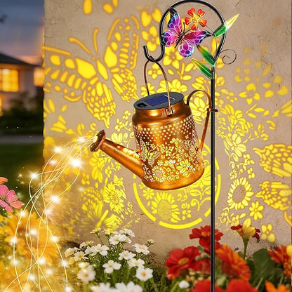 VOOKRY Solar Lights Outdoor Waterproof, Butterfly Retro Metal Solar Watering Can Lights, Birthday Gifts for Women Mom Grandma, Hanging Lantern Decorative Garden Decor for Outside Yard Lawn Patio