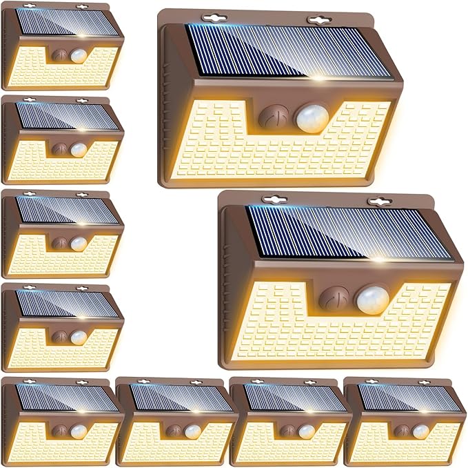 Peasur Solar Outdoor Lights [10 Pack/140LED], 3000K Warm Light Motion Sensor Outdoor Powered Security Lights 3 Working Modes Waterproof for Outside Garden Yard, Brown Frame