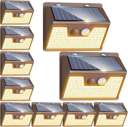 Peasur Solar Outdoor Lights [10 Pack/140LED], 3000K Warm Light Motion Sensor Outdoor Powered Security Lights 3 Working Modes Waterproof for Outside Garden Yard, Brown Frame