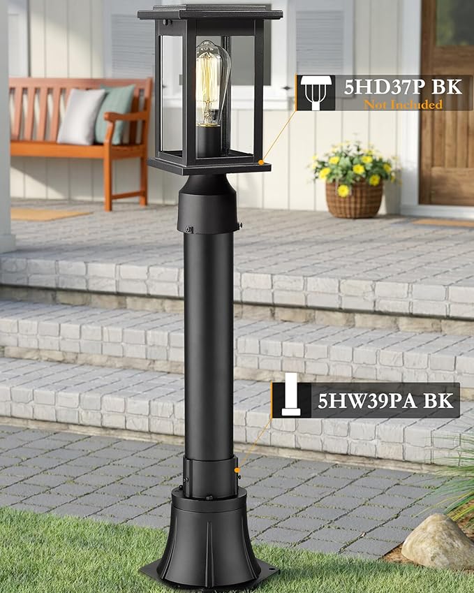 Outdoor Post Light Pole with Base, HWH Outside Lamp Post Accessories, Black Aluminum Mounting Pole and Base for Exterior Pathway Patio Garage Yard Garden, 5HW39PA BK