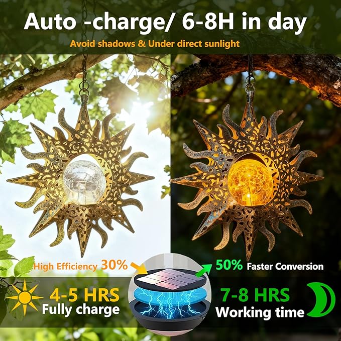 2 Pack Garden Decor Hanging Lanterns Outdoor Waterproof,Solar Lights Metal Sun Gifts Decoration for Yard Clearance Front Porch Lawn Driveway Patio Backyard Pathway Gardening Gift