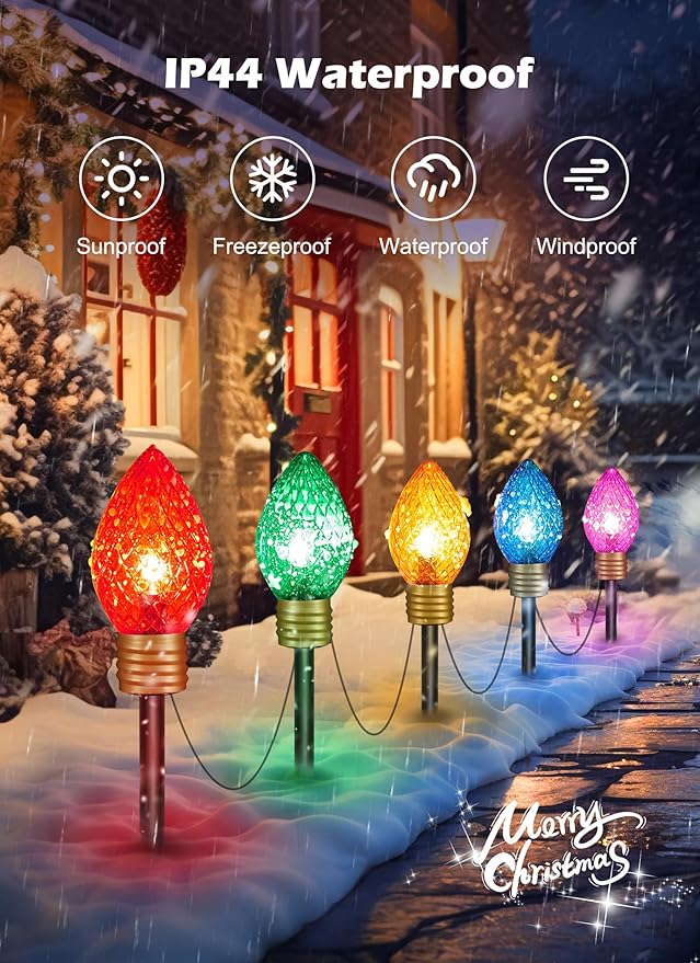 Moonflor Strawberry Jumbo C9 Christmas Pathway Lights Outdoor - 8.5 Feet 5 LED C9 Christma Lights,C7 Light Covered Jumbo Multicolor Christmas Light Outdoor Decorations for Lawn Holiday Outside Yard