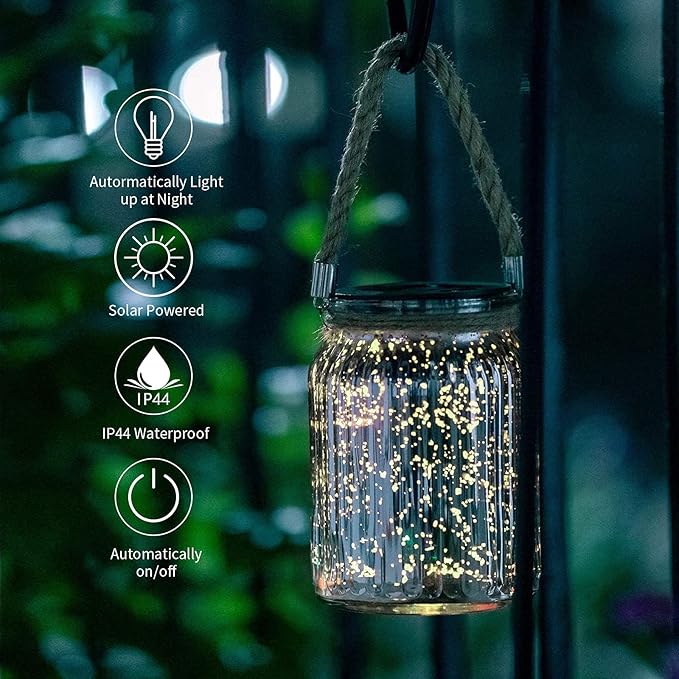 Hanging Solar Lantern Outdoor,Solar Lights Mercury Mason Jar Glass Hanging Lights with 20 LED Waterproof for Tree, Table, Yard, Garden, Patio, Holiday Party Outdoor Decor,2 Pack