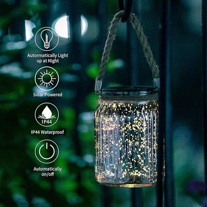 Hanging Solar Lantern Outdoor,Solar Lights Mercury Mason Jar Glass Hanging Lights with 20 LED Waterproof for Tree, Table, Yard, Garden, Patio, Holiday Party Outdoor Decor,2 Pack