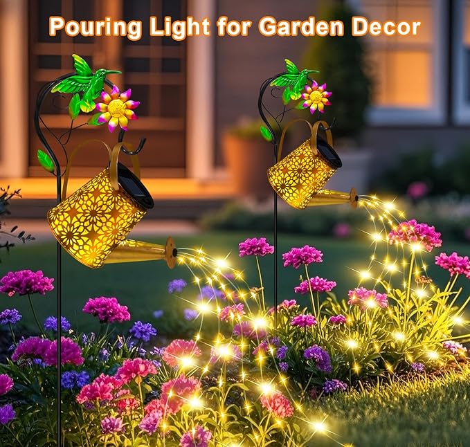 Christmas Gifts Solar Metal Watering Can with Hummingbird Shepherd Hook and Cascading Lights, Outdoor Solar Lantern for Garden, Yard, Patio Decor and Gardening Gifts for Women Mother's Day