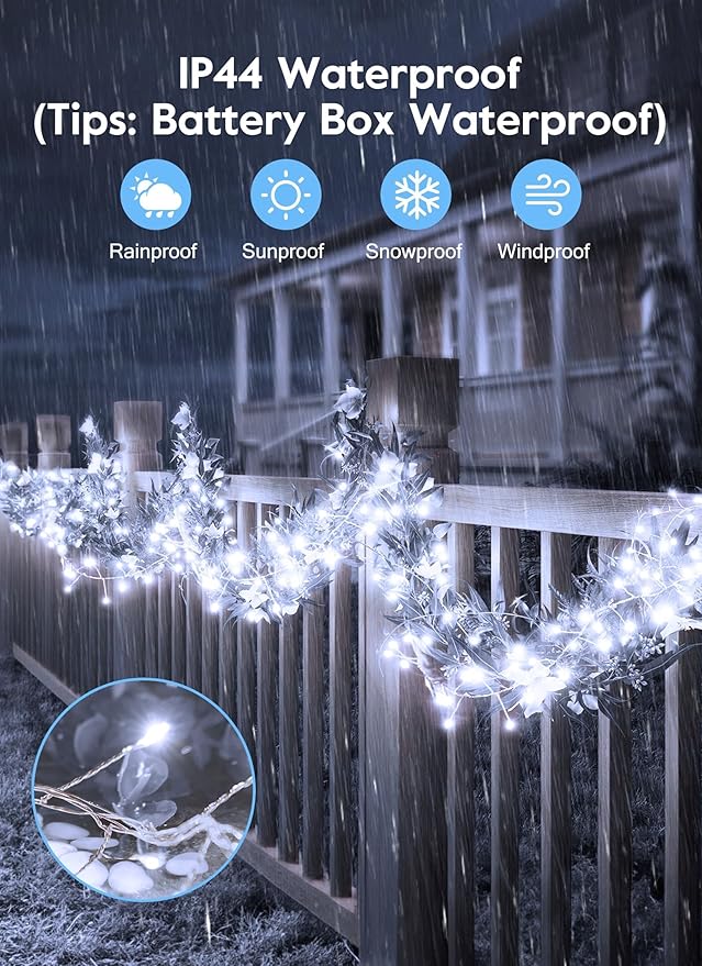 2-Pack 60 LED Christmas Twinkle Lights, Waterproof for Porch