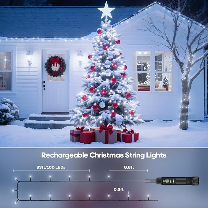 Rechargeable Battery Twinkle Lights with Remote, 2 Pack Total 66ft 200 LED Rechargeable Battery Operated String Lights Waterproof, Christmas Light Outdoor Indoor for Chirsmas Tree Decor(Cool White)