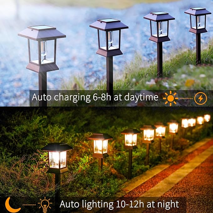 6Pack Solar Pathway Lights Outdoor Waterproof IP65, Brown Solar Lights Outdoor with Hook Upgraded 1000mAH Battery, Up to 12Hrs, Auto On/Off, Garden Decor for Yard, Driveway, Walkway (Bulb)