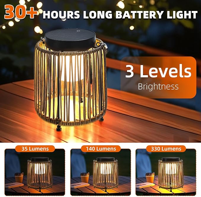 Solar Lanterns Outdoor Waterproof IP54, Handwoven Wicker Outdoor Table Lamps Portable Rechargeable with 30H+ Runtime, Dual USB-C/Solar Charging Hanging Lantern, 3 Brightness Levels