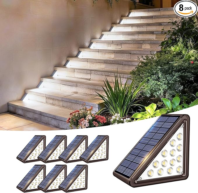 Brown Solar Step Light Outdoor Stair Lights, Deck Lights Outdoor Powered IP65 Waterproof, 6500K Cool White Solar Outdoor Step Light, Decor for Stair, Deck, Step,Porch and Outside Patio,8 Pack