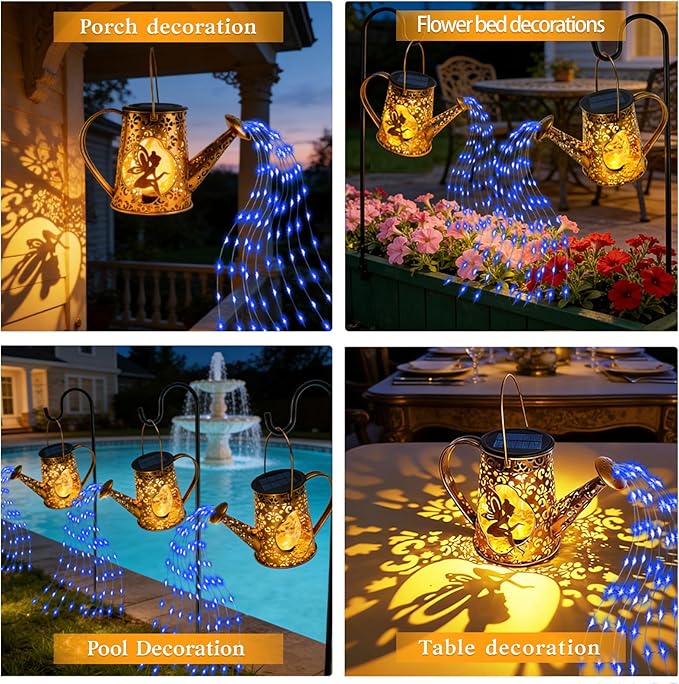 Solar Watering Can Lights, Unique Fairy Gifts for Women Mom Grandma Birthday, Waterproof Outdoor Garden Decor Large Hanging Solar Lantern Fairy Lights for Patio Porch Yard Flowerbed Pathway (Blue)