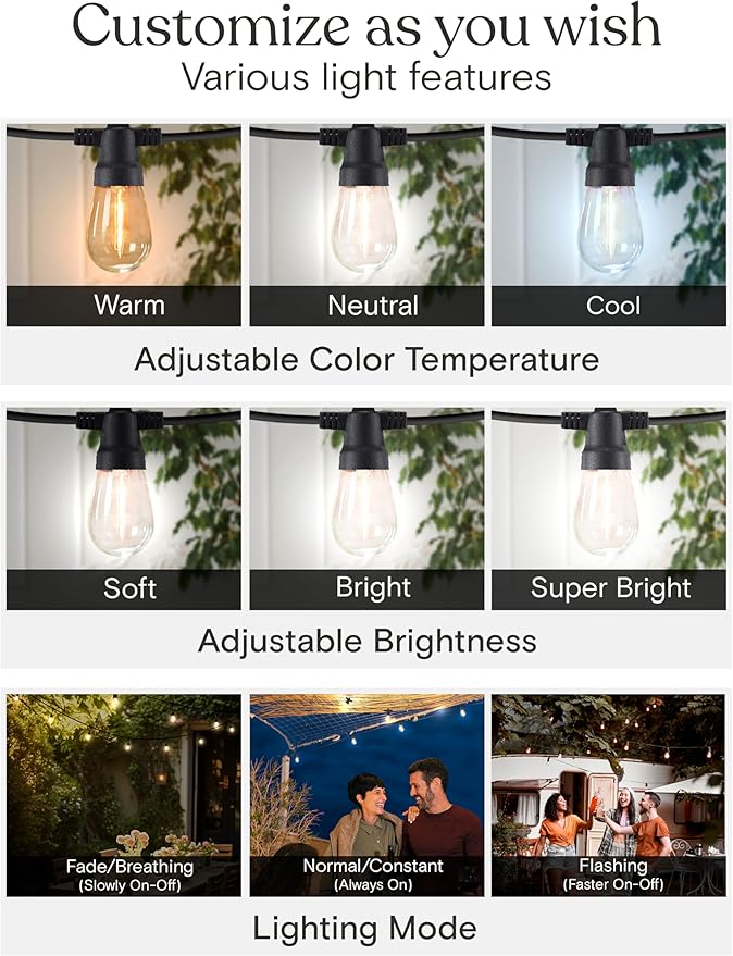 Brightech 48 (42+6) FT Ambience Pro Outdoor Solar String Lights - Bright Remote Control Color Adjustable Solar Light - Commercial Grade, 15 Waterproof LED Bulbs for Patios, Camping, Yard, Outside
