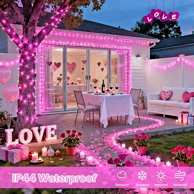 JMEXSUSS 4 Pack 50 LED Pink Battery Operated Lights, Each 16.5ft Pink String Lights Outdoor Waterproof, 8 Modes Valentine’s Lights Indoor with Timer for Bedroom Christmas Valentine’s Day Decor