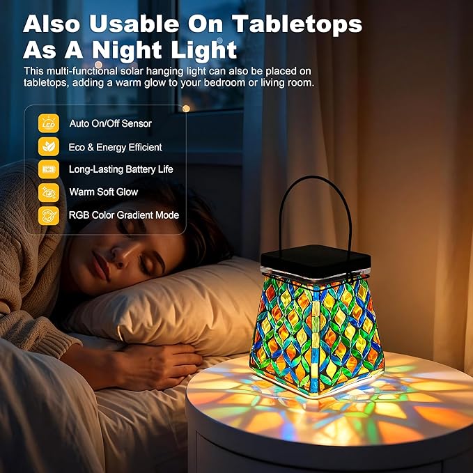 VOREEN Mosaic Solar Lantern, Colorful Mosaic Glass Decorative Lantern for Outdoor Garden & Patio, Tabletop or Hanging Solar Powered Light, Multicolor Geometric Lattice Design