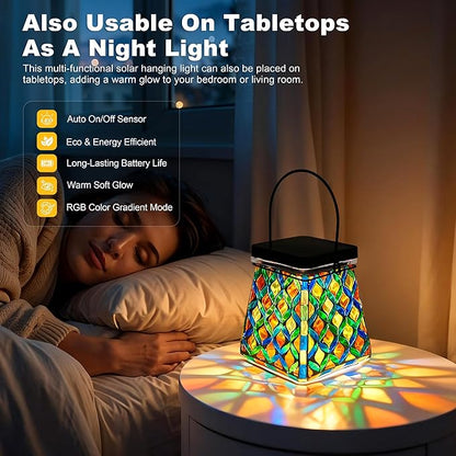 VOREEN Mosaic Solar Lantern, Colorful Mosaic Glass Decorative Lantern for Outdoor Garden & Patio, Tabletop or Hanging Solar Powered Light, Multicolor Geometric Lattice Design