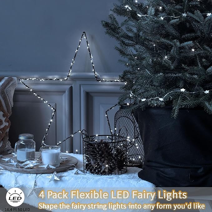 4 Pack Fairy Lights Battery Operated, 16.4 Ft 50 LED Starry Fairy Lights with Auto Timer Dark Green Copper Wire Twinkle Lights IP65 Waterproof for Wedding Bedroom Christmas (Cool White)