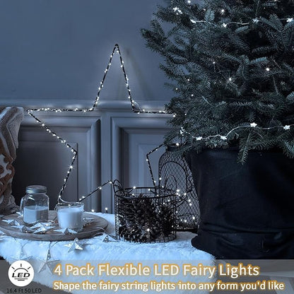 4 Pack Fairy Lights Battery Operated, 16.4 Ft 50 LED Starry Fairy Lights with Auto Timer Dark Green Copper Wire Twinkle Lights IP65 Waterproof for Wedding Bedroom Christmas (Cool White)