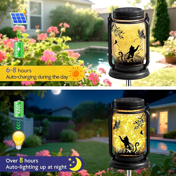 Cat Solar Lanterns 3-in-1 Outdoor Waterproof - Birthday Gifts for Cat Lovers Women Mom Christmas, Mason Jar Hanging Lanterns with Stake, Garden Decor Lights for Patio Yard Balcony Decorations