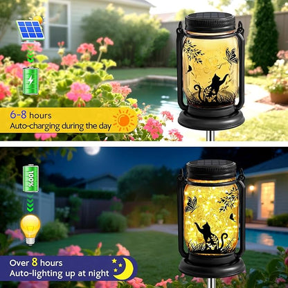 Cat Solar Lanterns 3-in-1 Outdoor Waterproof - Birthday Gifts for Cat Lovers Women Mom Christmas, Mason Jar Hanging Lanterns with Stake, Garden Decor Lights for Patio Yard Balcony Decorations
