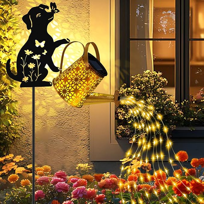 Christma Gifts Solar Lights Outdoor Decorative, Watering Can with Cascading Lights, with Dog Silhouette Garden Stakes, Gifts for Mom Women, Waterproof Metal Garden Decor for Yard Art, Outside(1 Pack)