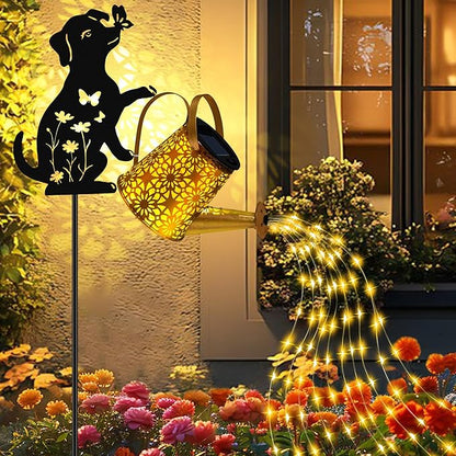 Christma Gifts Solar Lights Outdoor Decorative, Watering Can with Cascading Lights, with Dog Silhouette Garden Stakes, Gifts for Mom Women, Waterproof Metal Garden Decor for Yard Art, Outside(1 Pack)