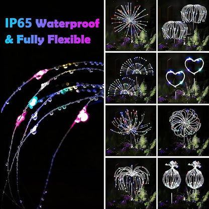2 Pack Solar Firework Lights Outdoor - Verified 200 LED & 8 Modes - Starburst Solar Powered Garden Lights, Reinforced Durable Stakes, Waterproof Pathway Walkway Lights for Yard Patio Decor