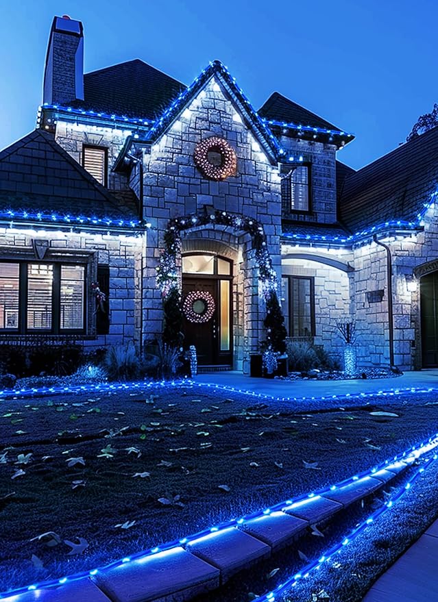 Brightown Solar String Lights Outdoor, 39FT 100 LED Rope Lights Solar Powered with 8 Lighting Modes, Waterproof Solar Patio Lights, Solar String Lights for Outside Tree Yard Halloween Decoration, Blue