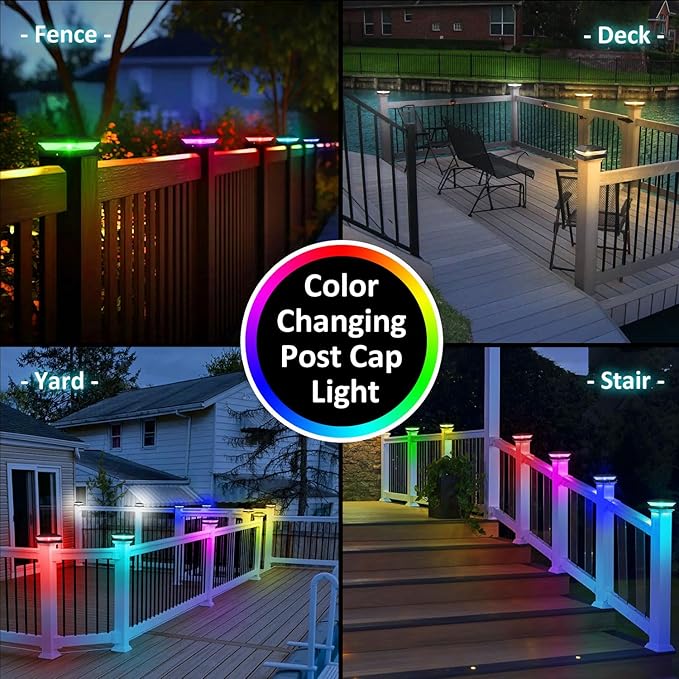 T-SUN Solar Post Cap Lights with Auto-Change Colors- for Wooden (4x4/6x6) & Vinyl (4x4/5x5) Posts | Weatherproof Outdoor Solar Fence Post Lights for Deck, Porch, Garden & Stairs(24-Pack,RGB)