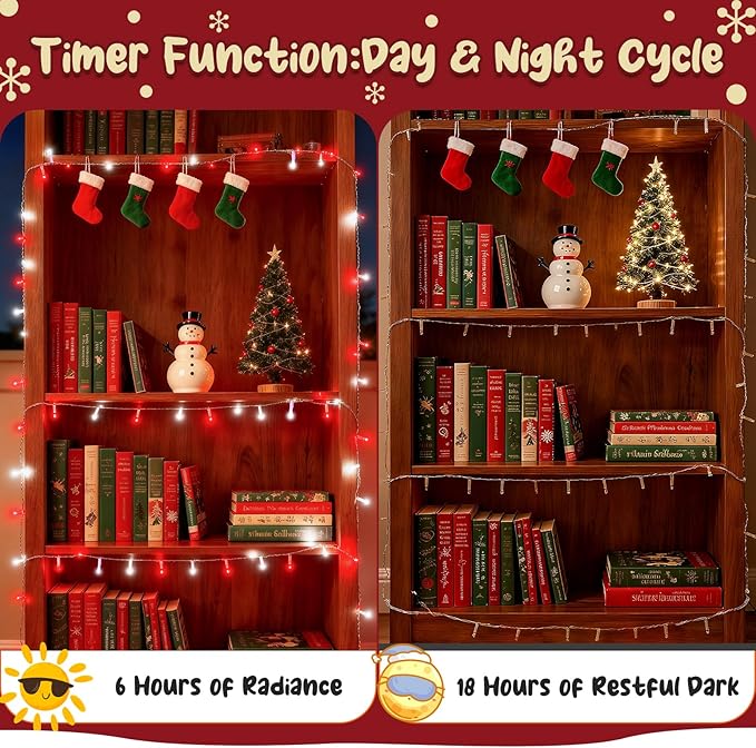 Red and White Christmas Lights Outdoor Battery Operated, Chrristmas String Lights with Timer Waterproof Clear Wire for Indoor & Outdoor Christmas Decorations Garland Party Garden