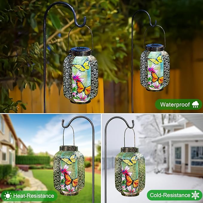 Solar Butterflies Lantern Outdoor Hanging Garden Decor – Waterproof Metal & Stained Glass Light with Handle Decorative Retro Yard Art for Patio, Porch, Table, Pathway – Gardening Gift for Mom & Women