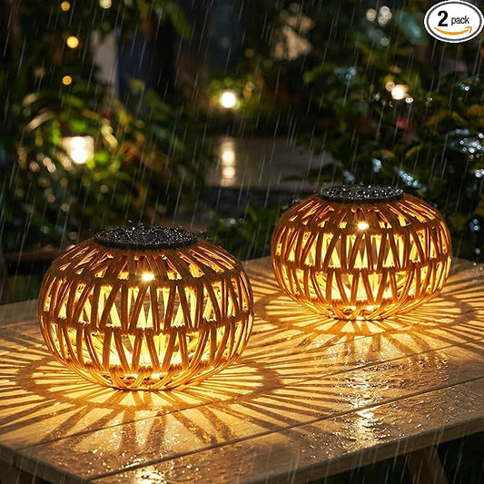 2 Pack Solar Lantern Outdoor Waterproof,Outdoor Table Lanterns Decor,Rattan Solar Lights Decorative,Small Tabletop Lanterns Gifts for Mom,Grandma,Lantern Lights Outside for Garden,Yard,Steps,Patio