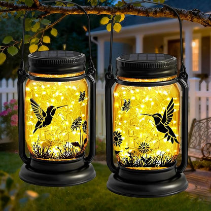 2 Pack Hummingbird Solar Lantern Outdoor Garden Decor,Birthday Gifts for Women Mom Grandma, Waterproof Hanging Vintage Glass Mason Jar Outside for Yard,Patio, Backyard,Porch,Tree, Pathway
