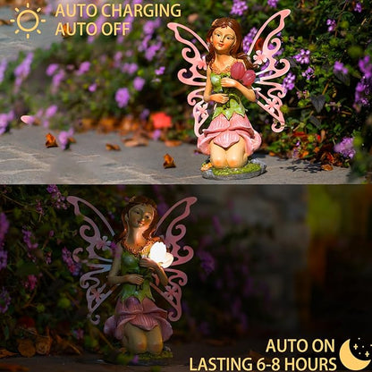 Fairy Decor, Solar Outdoor Statue, Accessories for Fairy Garden Gifts - Resin Figurine for Patio Yard Lawn, Size 8.35 x 4.92 x 10.82 inches