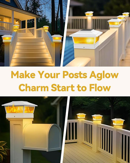 Solar Post Cap Lights Outdoor for 4x4 5x5 6x6 Wood/Vinyl Posts, 6 Pack Fence Post Solar Lights with Flickering Flame & Warm Modes for Deck/Garden/Patio, IP65 Waterproof - White