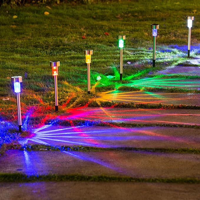 Solar Lights Outdoor - Garden Landscape Pathway Lights for Lawn Patio - Stainless Steel, 12 Pack (6 Colors)