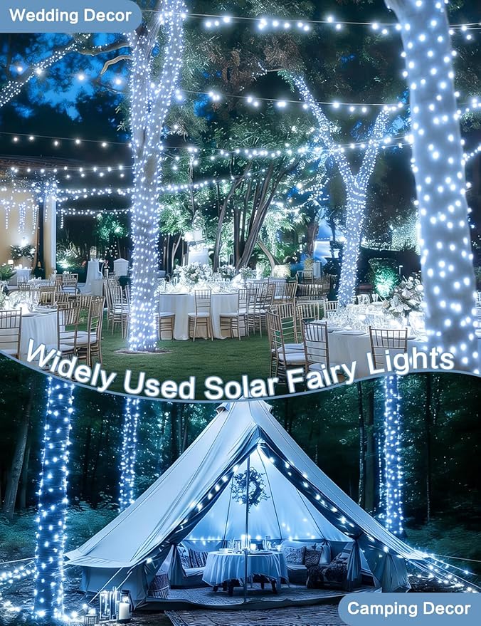 Solar String Lights Outdoor, Upgraded 2-Pack 80FT 200 LED Solar Twinkle Light for Outside, Waterproof Silver Wire 8 Modes Solar Fairy Lights for Garden Patio Tree Christmas Party Wedding (Cool White)