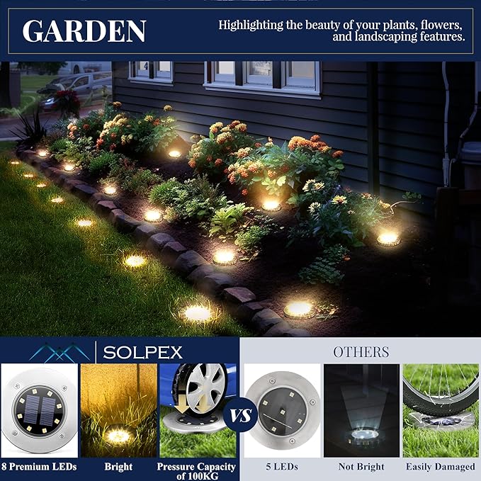 16-Pack Warm White In-Ground Solar Lights, Flat LED Garden