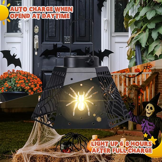 2-Pack 8.6" Halloween Solar-Powered Lanterns with Spider Outdoor Lantern Projection Lights, Waterproof Solar Stake Lights for Garden, Yard, Pathway Decor