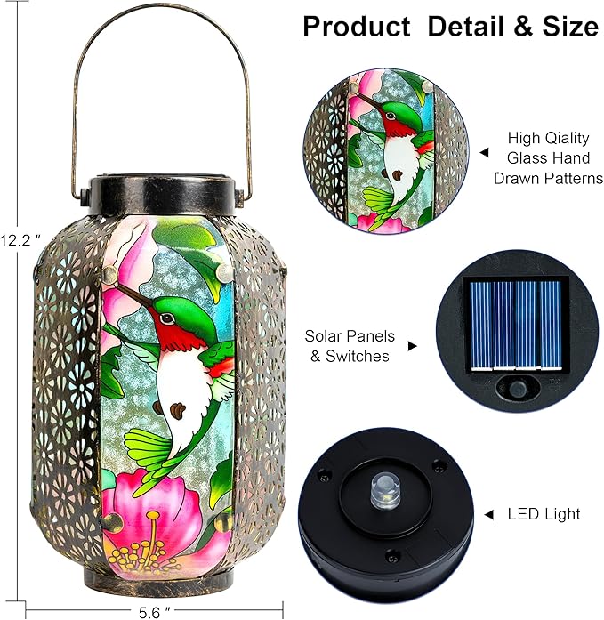 Hummingbird Solar Lantern Outdoor Hanging Lights – Waterproof Metal Garden Decor with Stained Glass, LED Solar Decorative Lamp for Patio, Yard, Porch, Pathway, Gardening Gifts for Mom, Grandma, Women