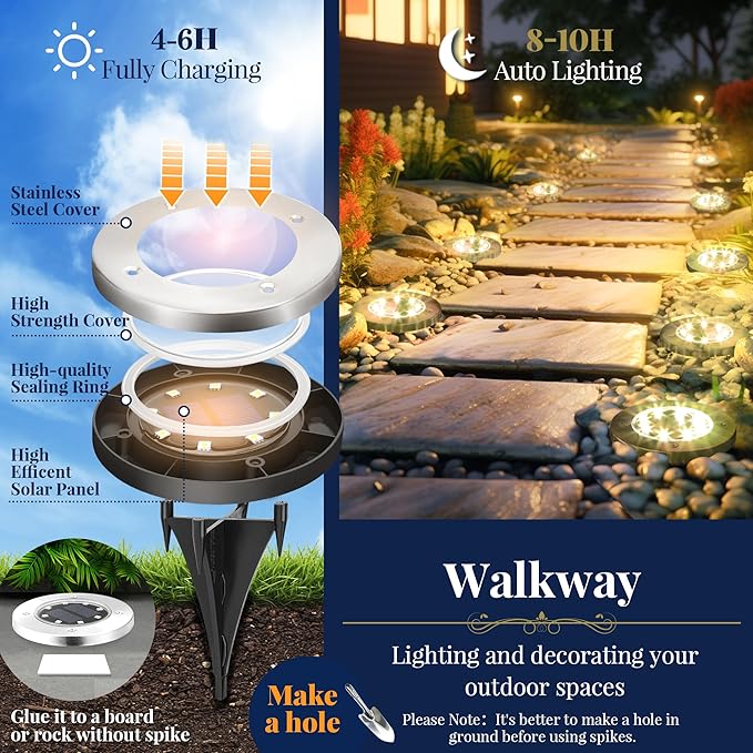 Solar Flat Disk Lights 12-Pack, Waterproof Walkway