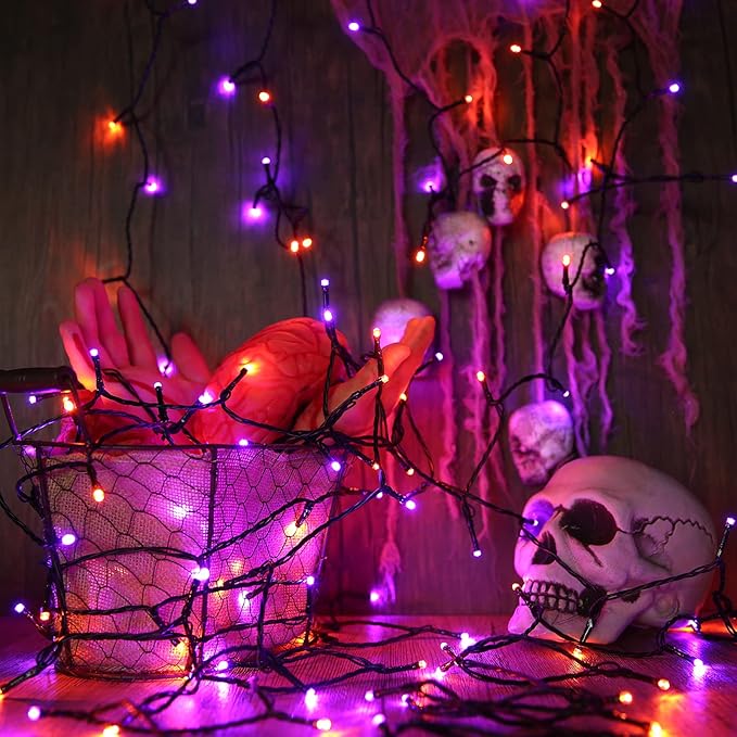 Lomotech Battery Operated Halloween Lights - 2 Pack Total 33ft 100 LED Orange Purple Battery Lights 8 Modes Waterproof with Timer for Home, Garden, Party, Holiday, Tree Decoration (Black Wire)