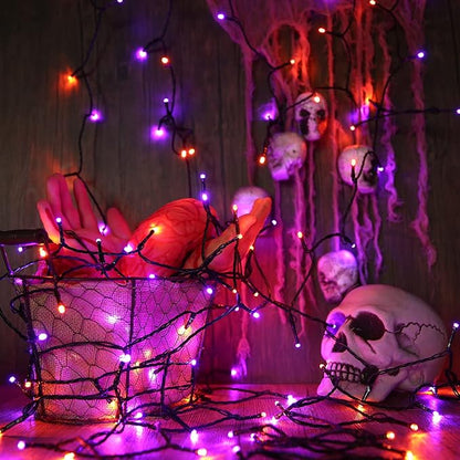 Lomotech Battery Operated Halloween Lights - 2 Pack Total 33ft 100 LED Orange Purple Battery Lights 8 Modes Waterproof with Timer for Home, Garden, Party, Holiday, Tree Decoration (Black Wire)