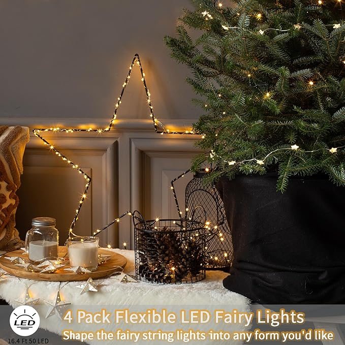 4 Pack Fairy Lights Battery Operated, 16.4 Ft 50 LED Starry Fairy Lights with Auto Timer Dark Green Copper Wire Twinkle Lights for Wedding Bedroom Christmas Decor (Warm White)