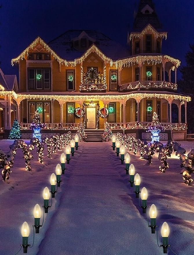 Christmas Pathway Lights Outdoor, 38Ft Outdoor Xmas Decorations String Lights with 25 C9 Warm White Christmas Pathway Stakes Lights for Walkway Yard Lawn Sidewalk Driveway Garden